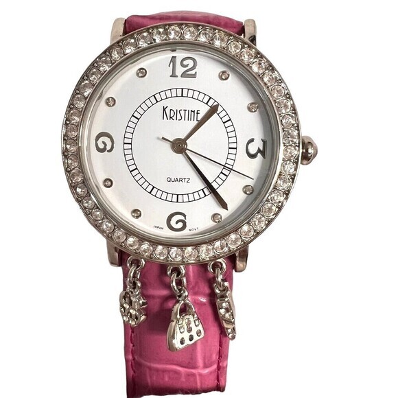 Kristine Women's Quartz Wrist Watch Rhinestone/Charms Pink Japan Movement 7.5 in - Picture 3 of 14
